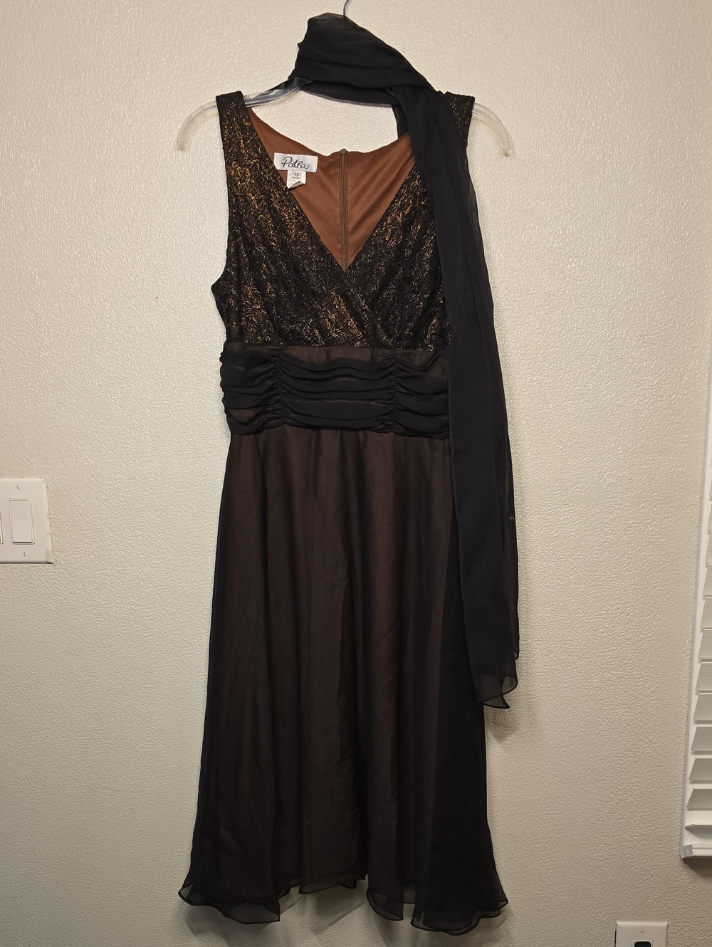 Patra Brown and Black Lace V-Neck Midi Dress with Scarf